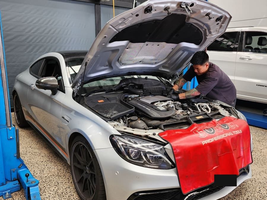 Mercedes-AMG C63 being serviced